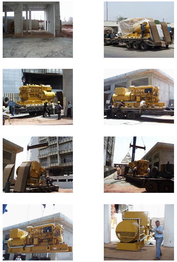 Photo sheet with eight images of Caterpillar diesel gensets being delivered and moved into position.
