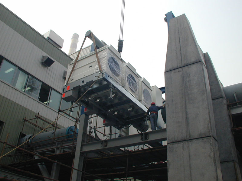 Power plant components with pipework and steel structure.
